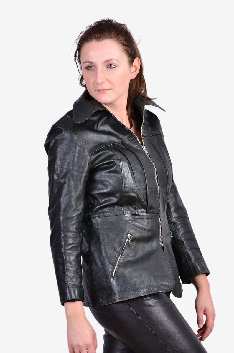 Vintage 1970's Pleated Black Leather Jacket Size 12 | Etsy