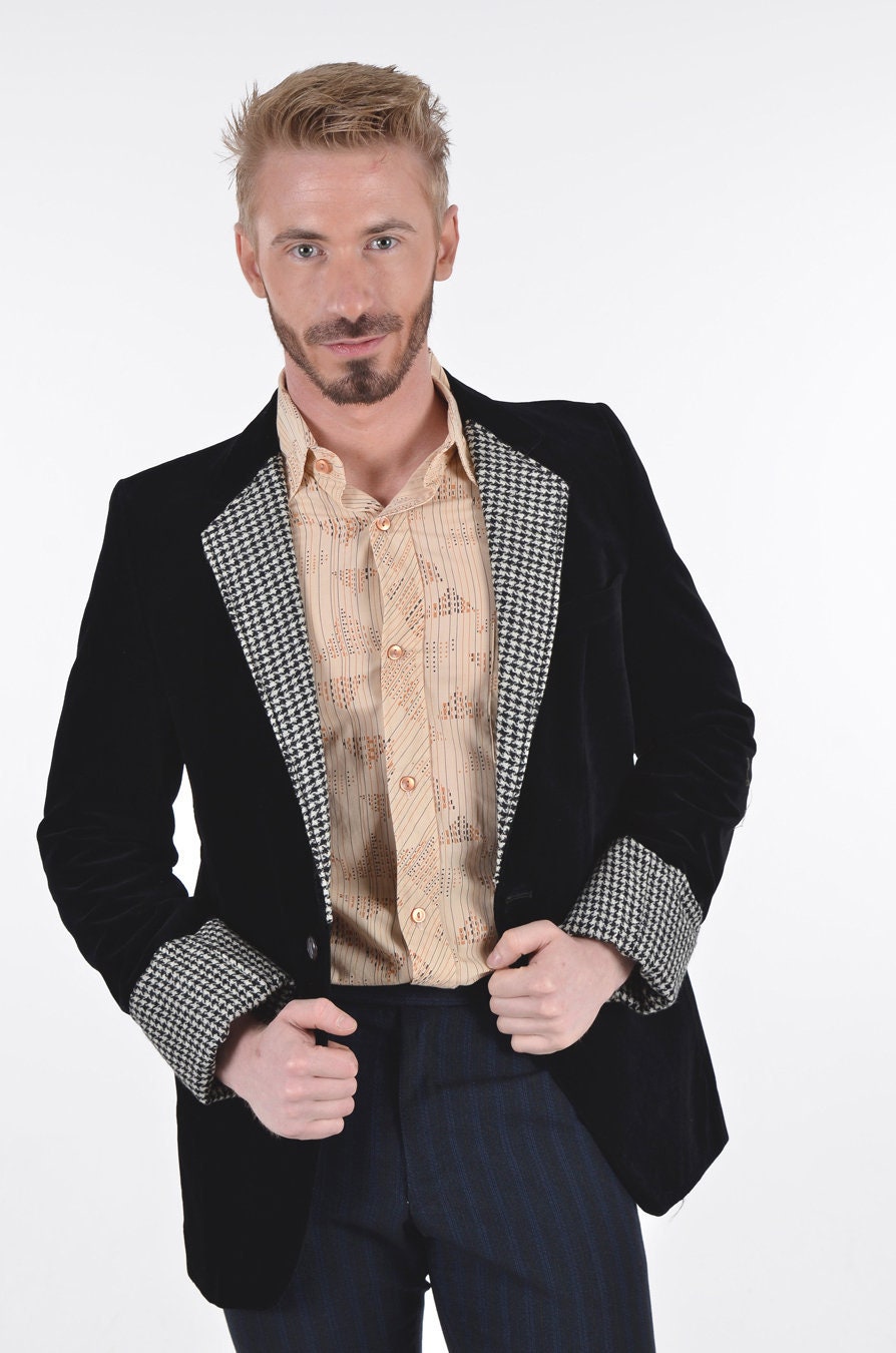 Image of Reworked Black Dogtooth Tweed Velvet Jacket 36 Xs - Www.brickvintage.com