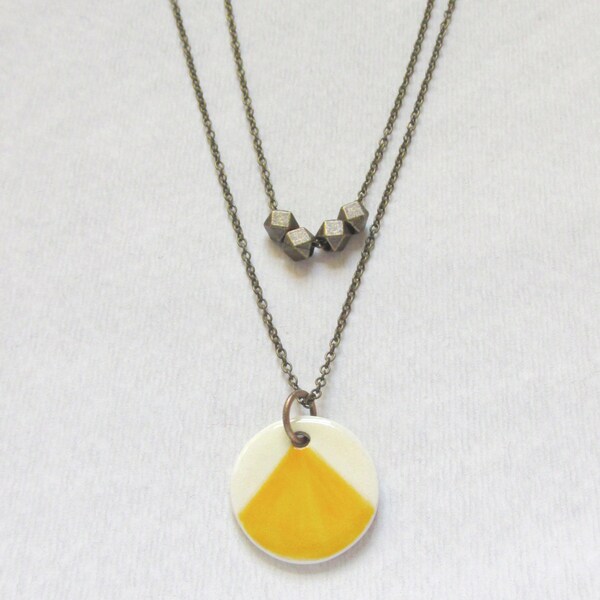Small Honey Yellow Ceramic Circle with Brass Beads Layered Necklace