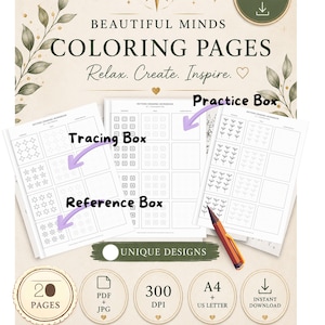 Könnte beinhalten: Ein digitales Malbuch mit dem Titel Beautiful Minds Coloring Pages, das 20 Seiten mit Musterzeichenübungen enthält. Die Blätter umfassen Nachzeichnungs-, Referenz- und Übungsfelder zum Zeichnen von Sternen, Gittern und Blumenmotiven in den Formaten A4 und US Letter.