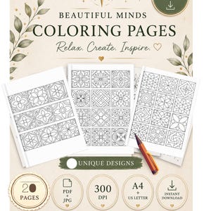 Könnte beinhalten: Ein digitales Download-Set mit Beautiful Minds Malvorlagen mit geometrischen Fliesenmustern. Das Dokument enthält 20 Seiten, eine Auflösung von 300 DPI sowie Formate für A4 und US Letter. Ein Bleistift liegt auf den ausgedruckten Blättern.