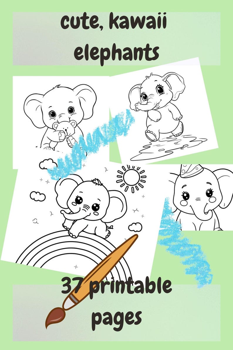 Kawaii Cute Elephant Coloring Page for Kids, Printable Elephant ...