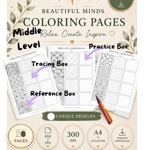 Könnte beinhalten: Ein digitaler Download von 20 druckbaren Ausmalbildern mit dem Titel Beautiful Minds. Die Seiten enthalten Musterübungen für das mittlere Niveau mit Referenz-, Nachzeichnungs- und Übungsfeldern. Enthält PDF- und JPG-Formate in 300 DPI.