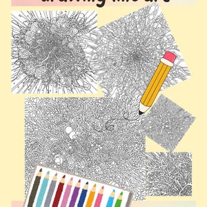 May include: Detailed neurographic drawing line art with the text "ready to print". The image features several black and white detailed drawings, a yellow pencil, and a set of colored pencils. The background is a light yellow color.