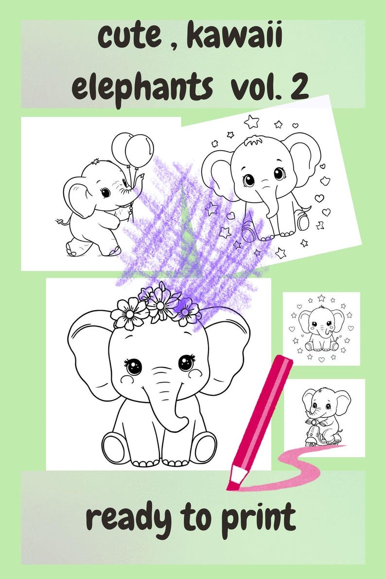 Kawaii Cute Elephant Coloring Page for Kids, Printable Elephant ...