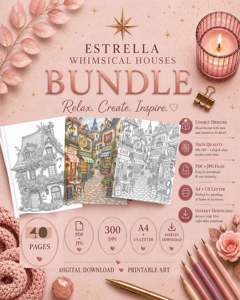 Cozy Village Coloring Pages for Adults | Whimsical European Shops ...