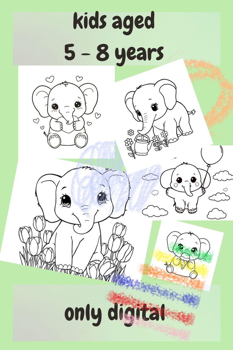 Kawaii Cute Elephant Coloring Page for Kids, Printable Elephant ...