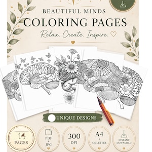 Könnte beinhalten: Ein digitales Download-Set mit 14 Ausmalbildern unter dem Titel Beautiful Minds. Die Seiten zeigen detaillierte schwarz-weiße Strichzeichnungen von menschlichen Gehirnen, verziert mit Blumen, Schmetterlingen und geometrischen Mustern. Enthält PDF- und JPG-Dateien.