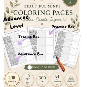 Peut inclure: Un ensemble de 20 pages de coloriage de niveau avancé à télécharger, avec des grilles d'entraînement aux motifs. Chaque page comprend des cases de référence, de traçage et d'entraînement. Le document indique 300 DPI, A4 et US Letter.
