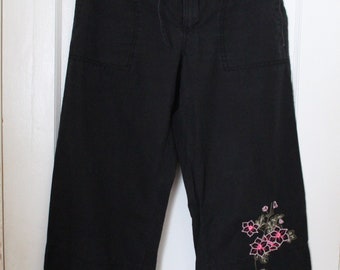 Embroidered Pants 1990s Black Cotton Floral