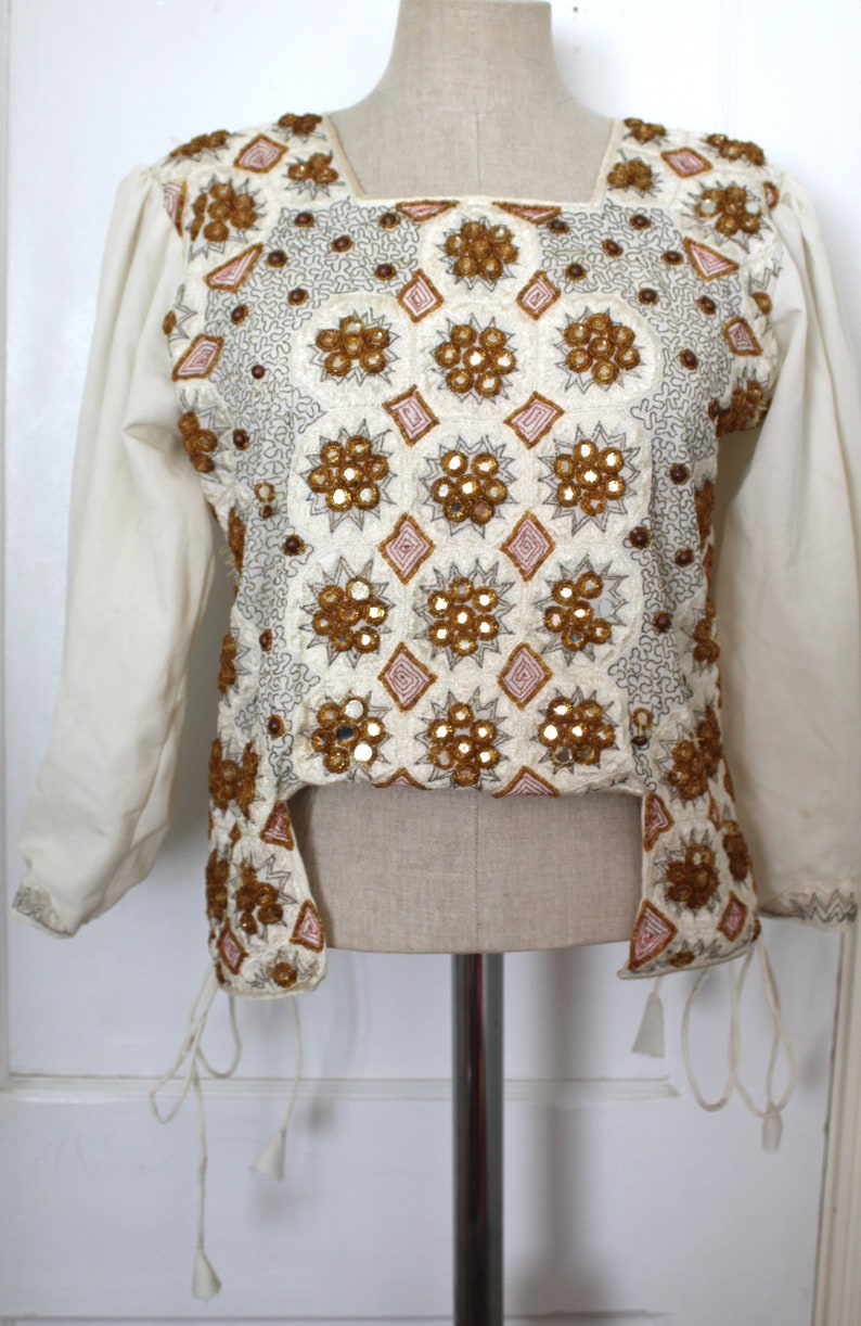Cream and Gold Mirror Beaded Folk Bohemian Blouse