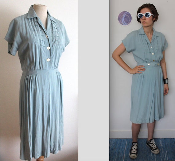 1940s Light Blue Rayon Dress