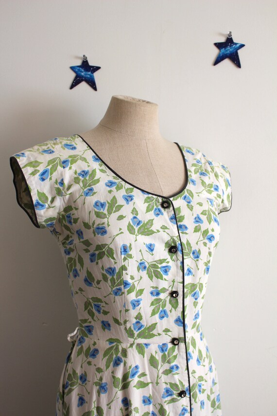 1940s cotton floral dress midi rhinestone buttons