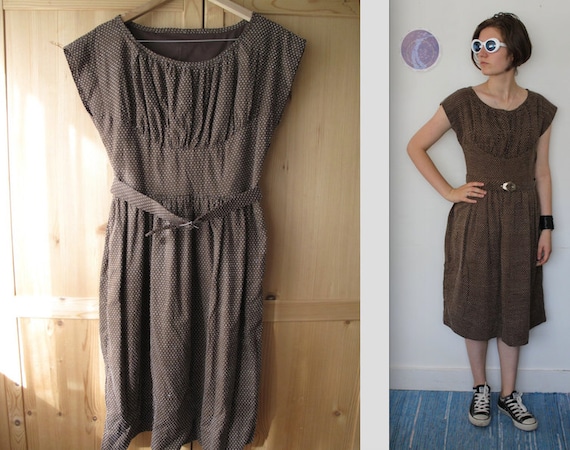 Swiss Dot 1940s Reproduction Dress Brown Cotton