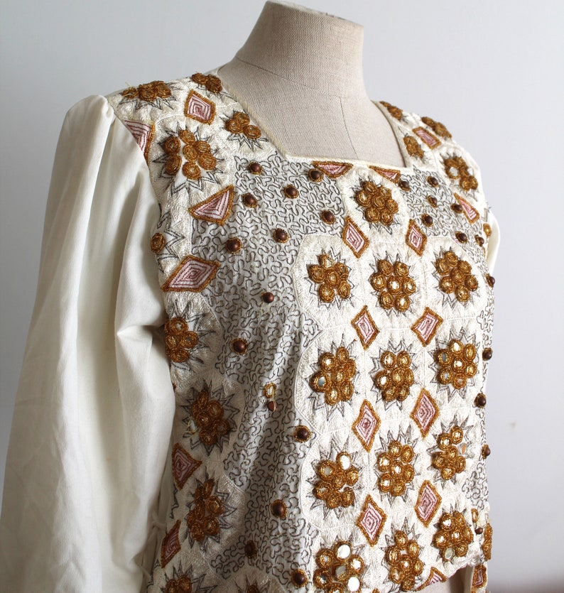 Cream and Gold Mirror Beaded Folk Bohemian Blouse