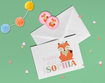 Little Fox Note Card | Personalized Birthday Thank You Cards for Kids and Matching Round Stickers