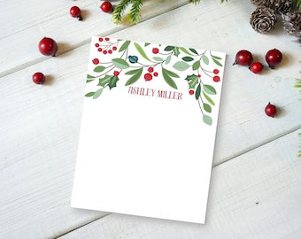 Christmas Berries and Leaves Personalized Note Pad | Personalized Note Pad | Christmas Note Pad | Personal Holiday Stationery