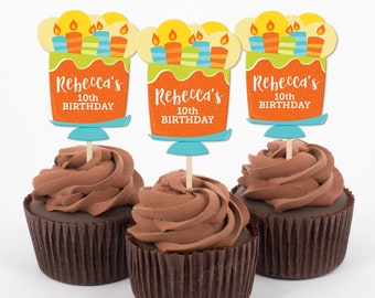 Birthday Cake Party Cupcake Toppers | Custom Party Cupcake Toppers | Party Decor |  Bright Birthday Cake Theme Cupcake Toppers