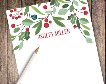 Christmas Berries and Leaves Personalized Note Pad | Personalized Note Pad | Christmas Note Pad | Personal Holiday Stationery