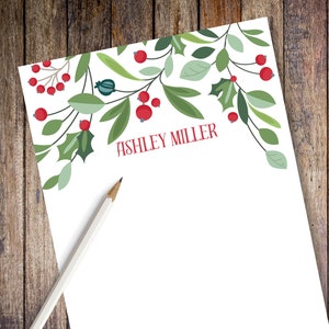 Christmas Berries and Leaves Personalized Note Pad | Personalized Note Pad | Christmas Note Pad | Personal Holiday Stationery