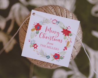 Red Poppy Wreath Holiday Gift Tags, Holiday Labels | Christmas Stickers