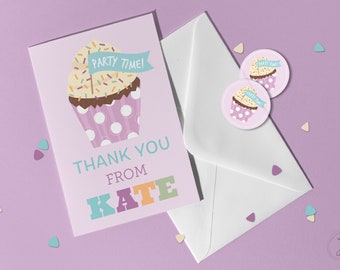 Cupcake Theme Note Card | Personalized Birthday Thank You Cards for Kids and Matching Round Stickers