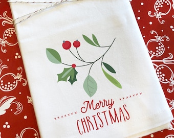 Holiday Tea Towel Christmas Holly Branch | Christmas Tea Towel | Flour Sack Tea Towel for Christmas | Holiday Tea Towel