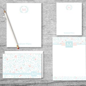 Persoonlijk e-mailpapier Set | Teal tuin briefpapier instellen - 2 blocnotes, 8 vlakke kaart notities & 8 gevouwen kaarten met enveloppen