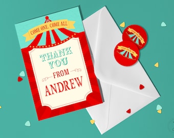 Circus Theme Note Card | Personalized Birthday Thank You Cards for Kids and Matching Round Stickers