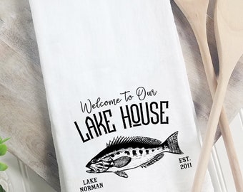 Welcome to our Lake House Personalized Tea Towel | Custom Tea Towel | Flour Sack Tea Towel for Your Home or Lake House