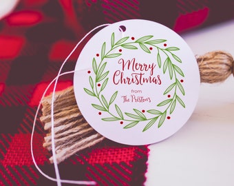 Personalized Christmas Gift Sticker | Holiday Tags | Green Leaves & Berries Christmas Gift Tags, Holiday Labels | Custom Christmas Tags