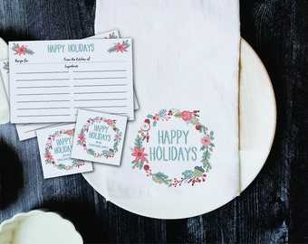 Happy Holidays Wreath Tea Towel and Recipe Cards Gift Set