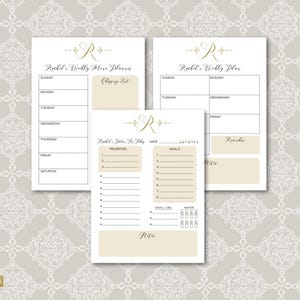 May include: Printable weekly planner pages with a gold R monogram and the text "Rachel's Weekly Plan" and "Rachel's Plan For Today".