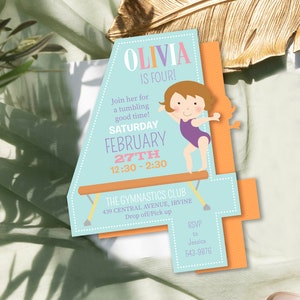 Custom Die Cut Gymnast Birthday Invitation, Personalized Gymnastics Party Invite