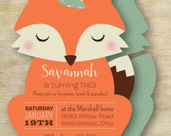 Little Fox Birthday Invitation  | Custom Birthday Fox Personalized Die Cut Party Invite | Custom Fox Kid's Invite | Woodland Theme Invite
