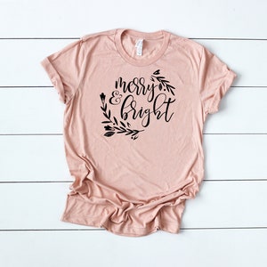 Merry & Bright Christmas T-Shirt: Graphic Typography, Six Colors
