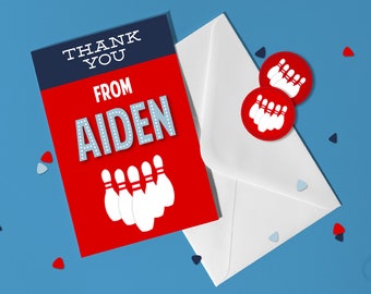 Bowling Theme Note Card | Personalized Birthday Thank You Cards for Kids and Matching Round Stickers