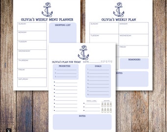 Nautical Anchor Custom Planner Note Pad | Daily, Weekly and Weekly Menu Planning Note Pads Available in 3 sizes | 28 Font Color Choices