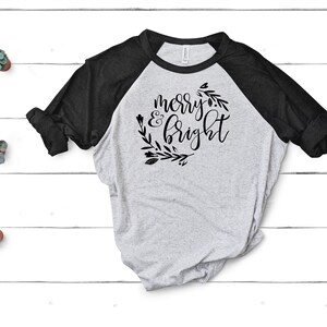 Merry & Bright Christmas Raglan T-Shirt: Graphic Typography