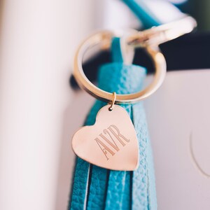 Decorative Serif Monogram Pendant Keychain | Gold Filled or Brass Heart Faux Leather Tassel Keychain