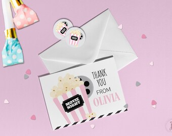 Movie Night Pink Custom Birthday Thank You | Personalized Thank You Card for Your Movie Night Party