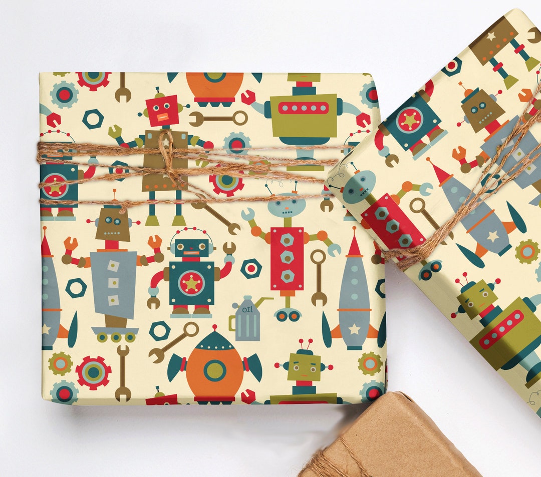 Kids Birthday Gift Wrap Robot City Birthday Wrapping Paper Etsy