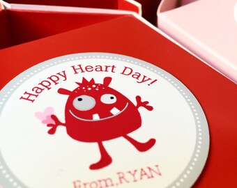 Kid's Valentine's Day Gift Sticker | Personalized Gift Labels | Red Monster Gift Tags, Labels | Custom Valentine Stickers for Kids