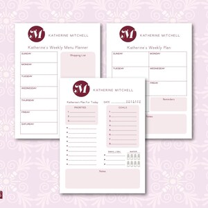 May include: Three printable planner pages with a burgundy monogram "SM" and the name Katherine Mitchell. The first page is a weekly menu planner with a shopping list section. The second page is a weekly plan with sections for Sunday, Monday, Tuesday, Wednesday, Friday, and reminders. The third page is a daily planner with sections for priorities, goals, notes, email/call, and water.