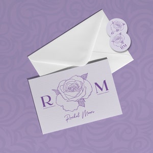 Tarjetas de notas con monograma de flor de nacimiento / Tarjetas de notas personalizadas y pegatinas redondas a juego