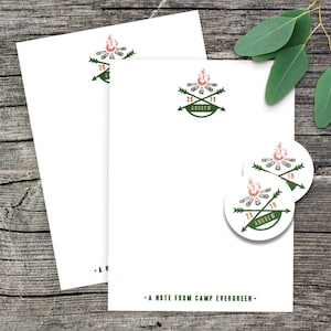 Lagerfeuer personalisierte Briefpapierset für Sommer-Camp | Lagerfeuer Custom Camp Briefpapier mit passenden Aufkleber