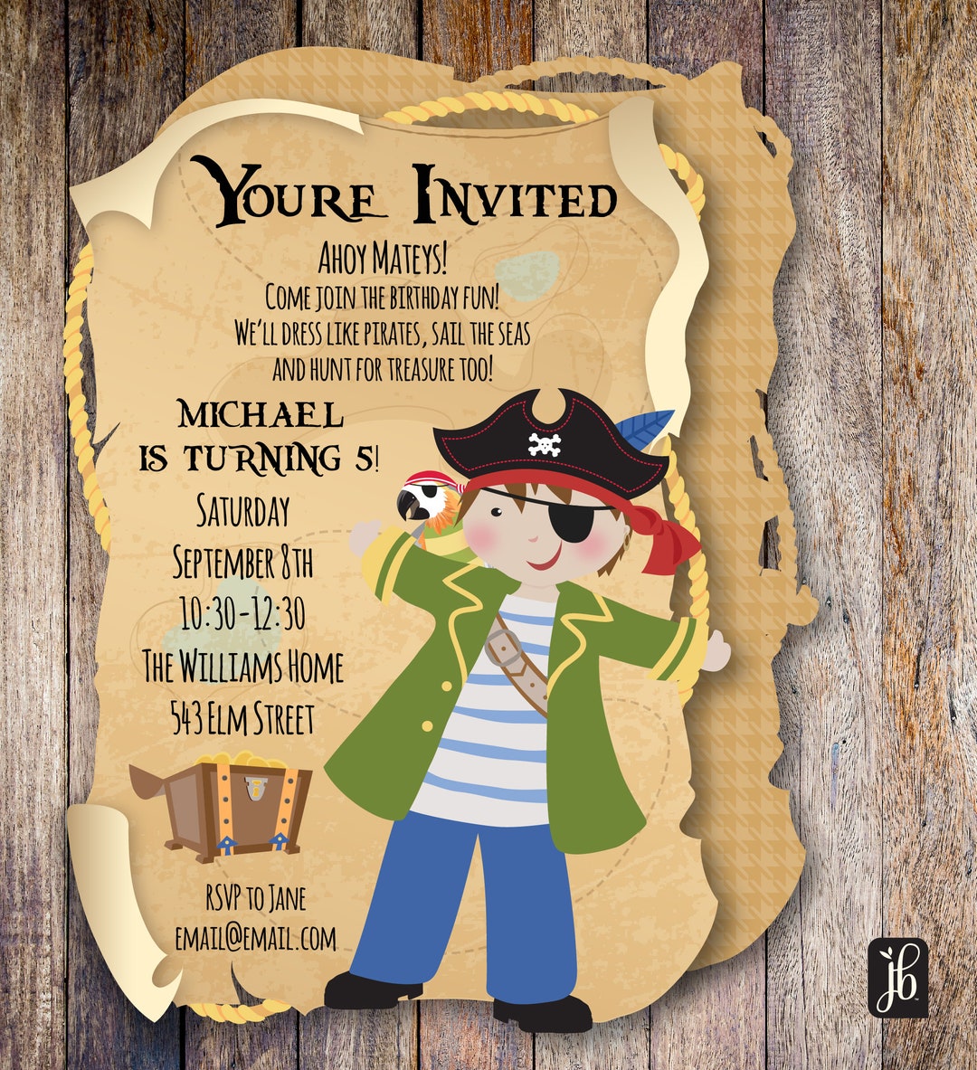 Pirate Invitation Custom Personalized Die Cut Party Invitation Pirate's Treasure Map Birthday
