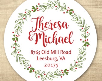 Round Christmas Return Address Stickers | Red Green Laurel Return Address Labels | Personalized Holiday Return Address Labels