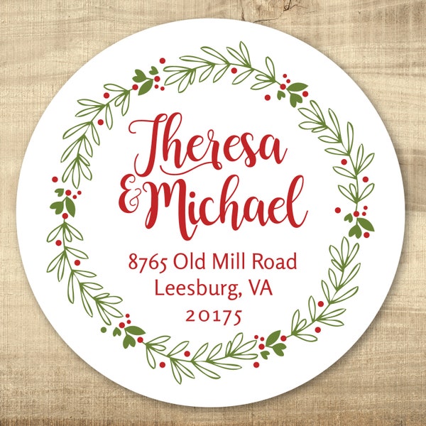 Round Christmas Return Address Stickers | Red Green Laurel Return Address Labels | Personalized Holiday Return Address Labels