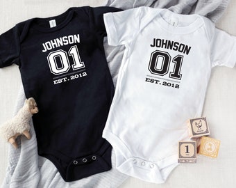 Family Team Name and Number Baby Bodysuit | Jersey Name and Number Body Suit for Baby | Available in 3 Colors